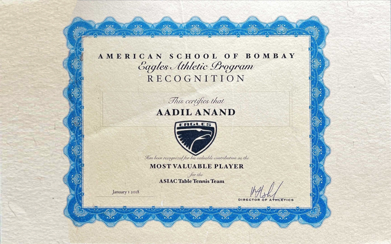 MVP, Table Tennis Team, American School of Bombay