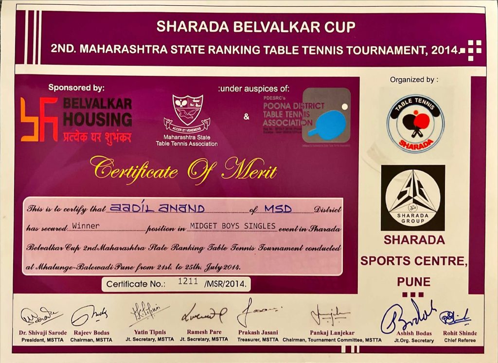 Sharada Belvalkar 2nd MH State Ranking Table Tenni
